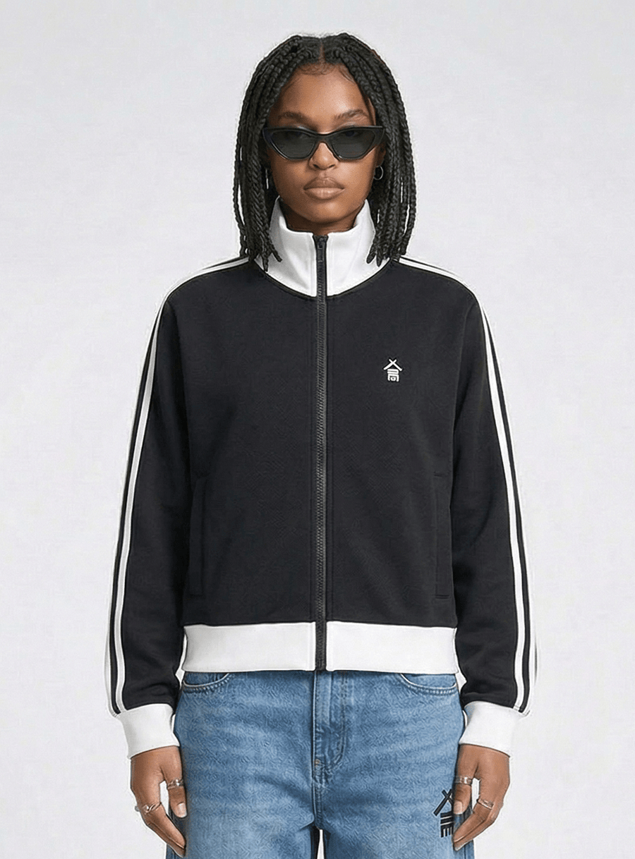 Contrast Side Stripe Fleece Cropped Track Jacket in Black by TWO THREE FOUR